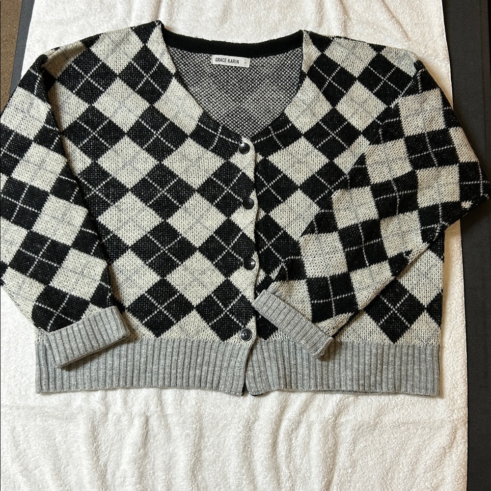 Grace Karin Black and Gray Checkered Cardigan